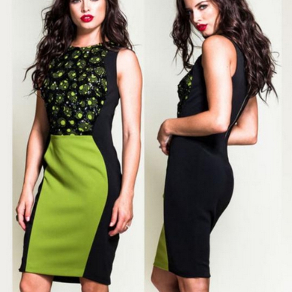 NWT Nicole Bakti Round Neck Sequins Cocktail Dress Black Green 4